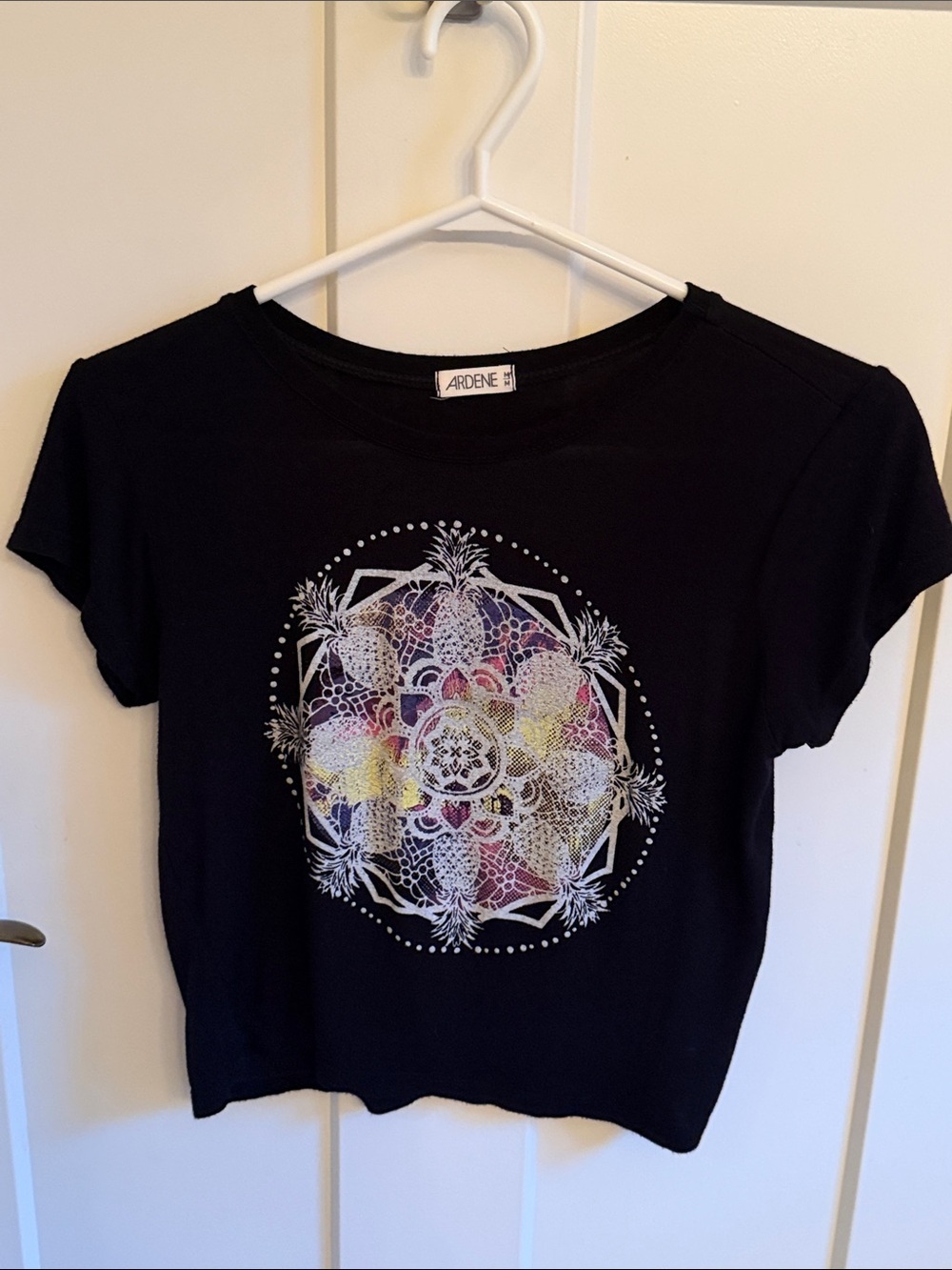 Ardene Black Crop Top with Multicolor Pineapple Mandala